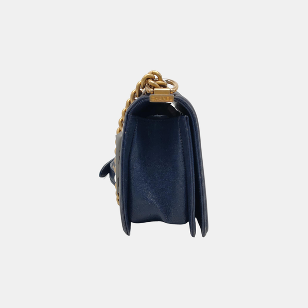 Authenticated pre-owned  BOY CHANEL Chevron, Quilted Grained Calfskin Blue - Crossbody Bag at Looply