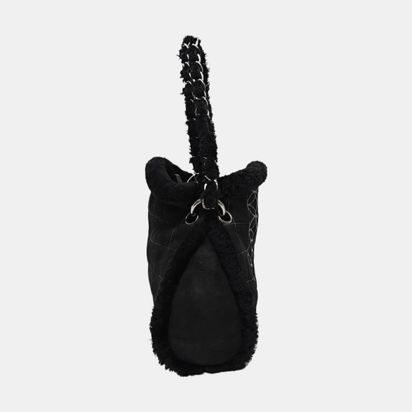 Quilted Fabric Top Handle Bag Black