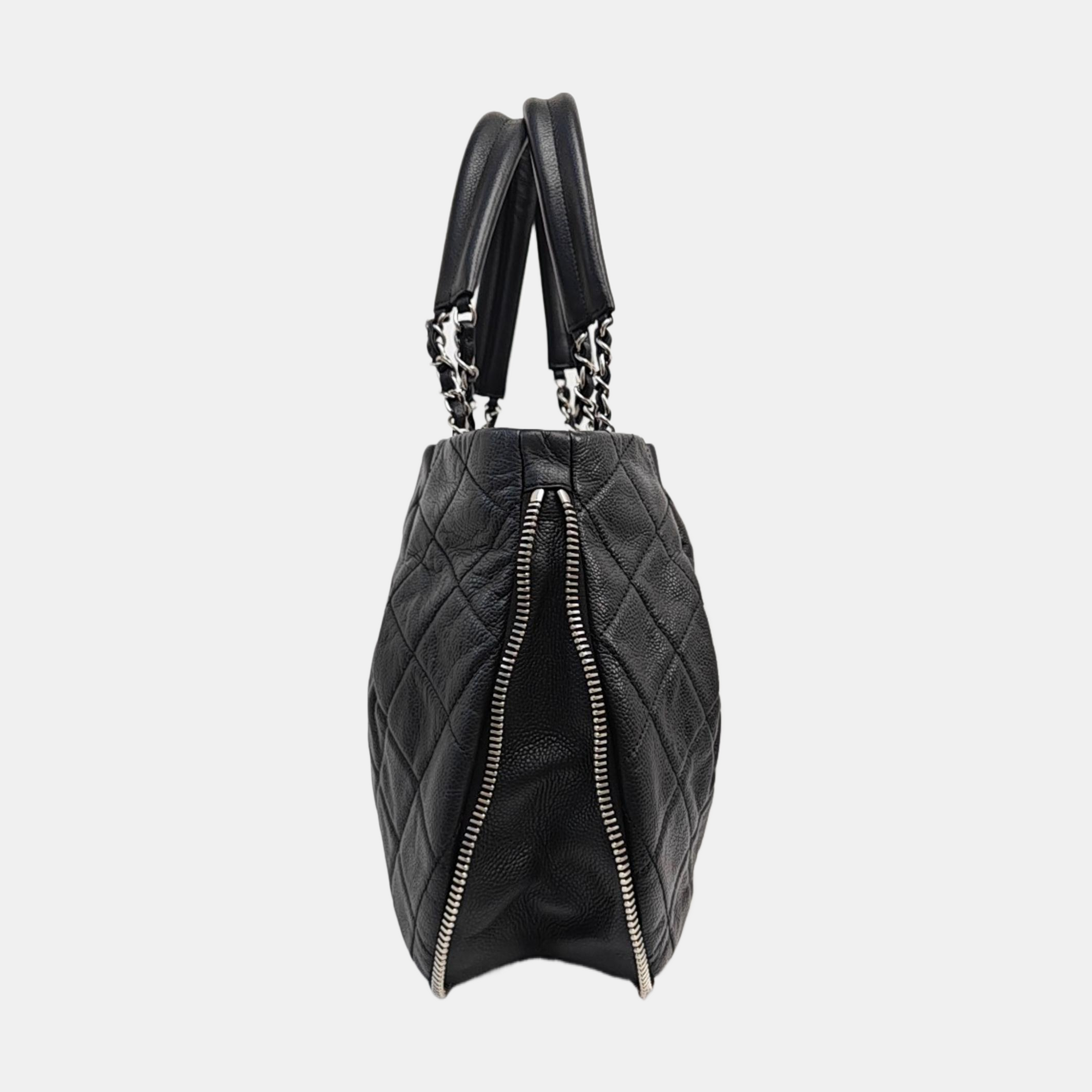 Quilted Grained Calfskin Tote Bag Black