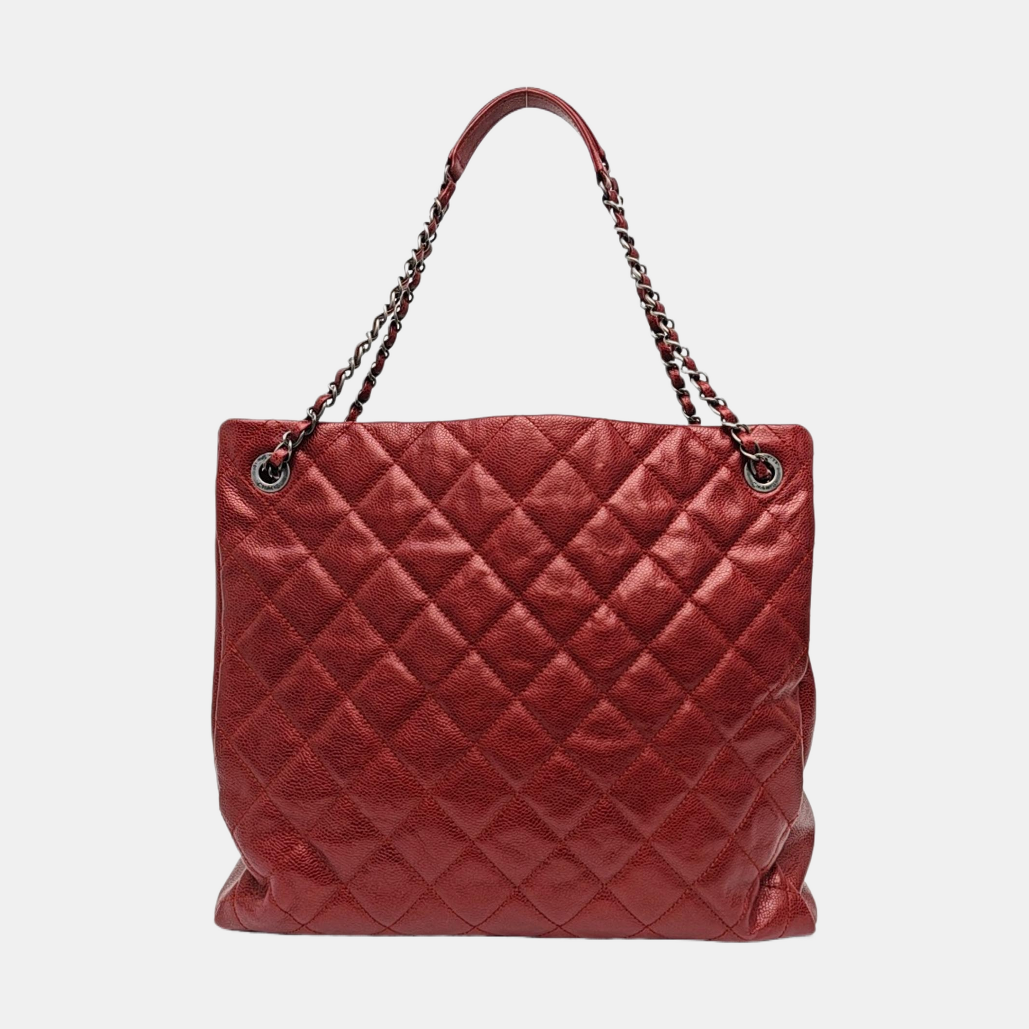 Quilted Grained Calfskin Tote Bag Red