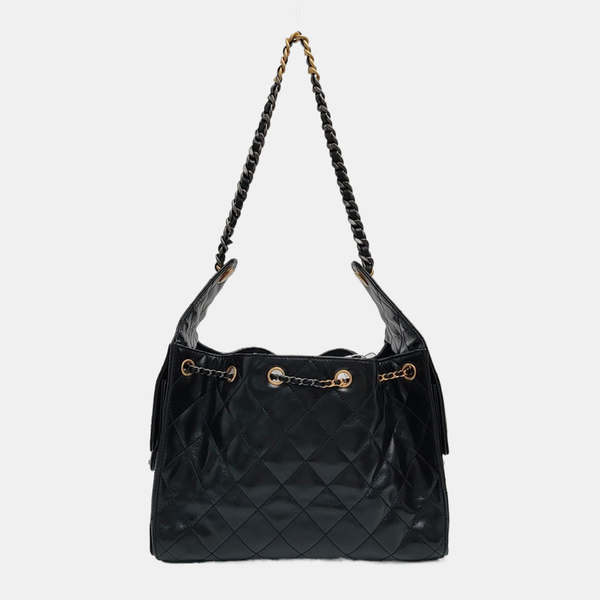 CHANEL 25 Small Quilted Waxed Cafskin Black