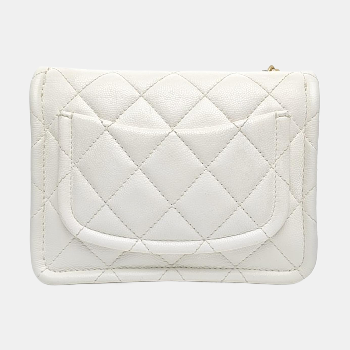 Quilted Grained Calfskin Shoulder Bag White