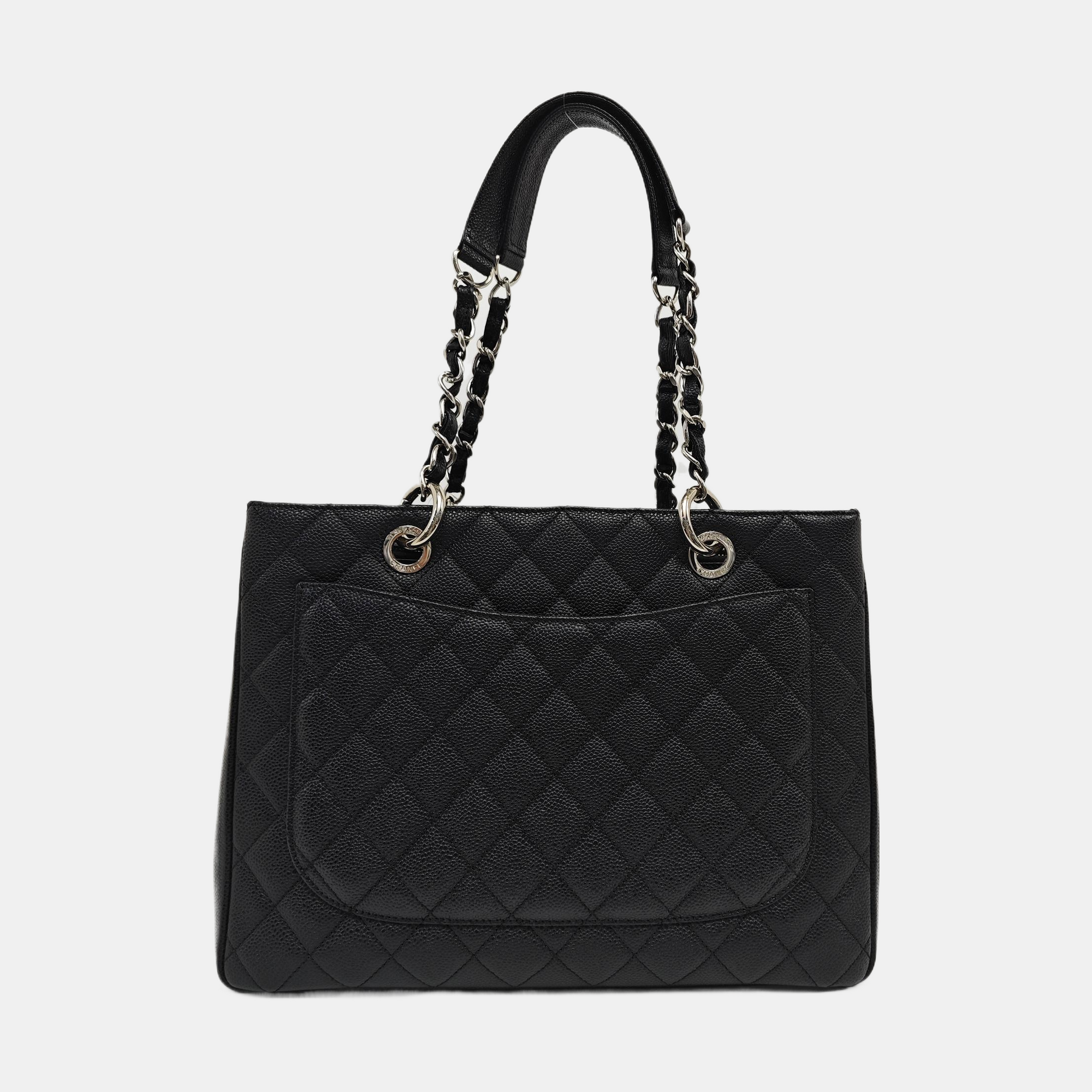 CHANEL GST Grande Piel de Becerro Granulada Acolchada Negra