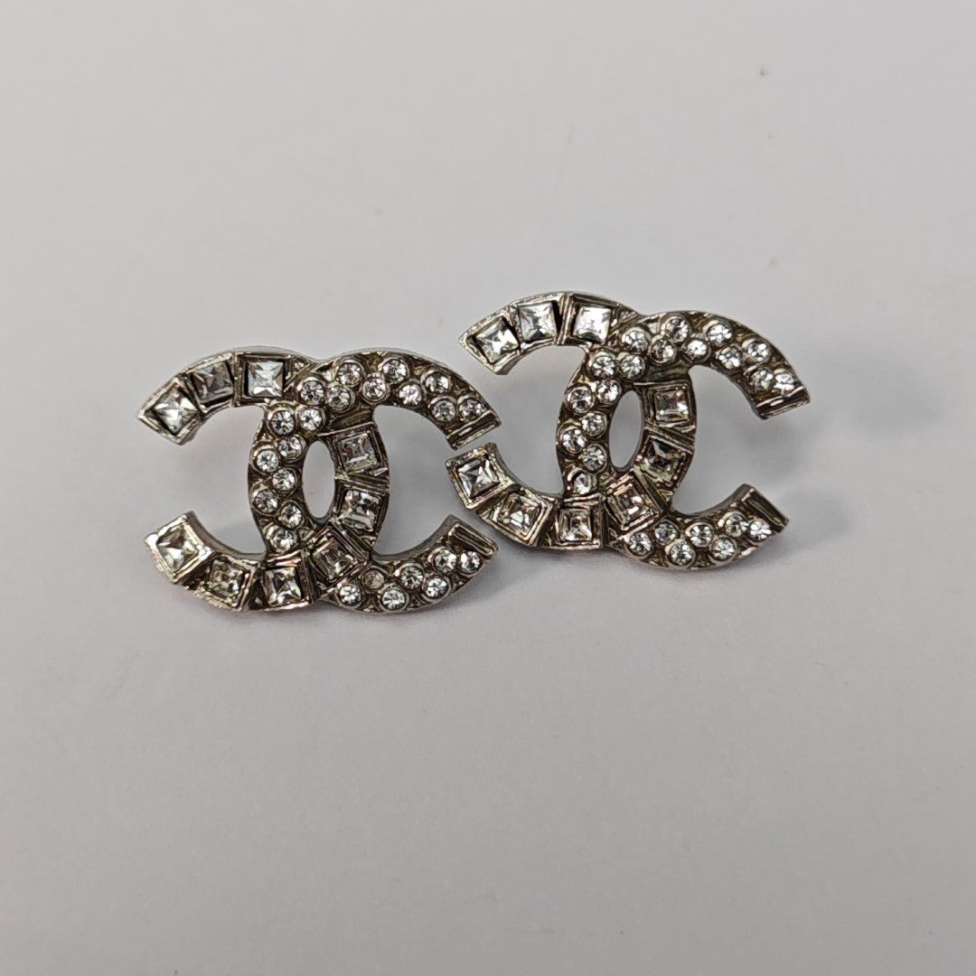 CC Logo Metal Silver Stud Earrings