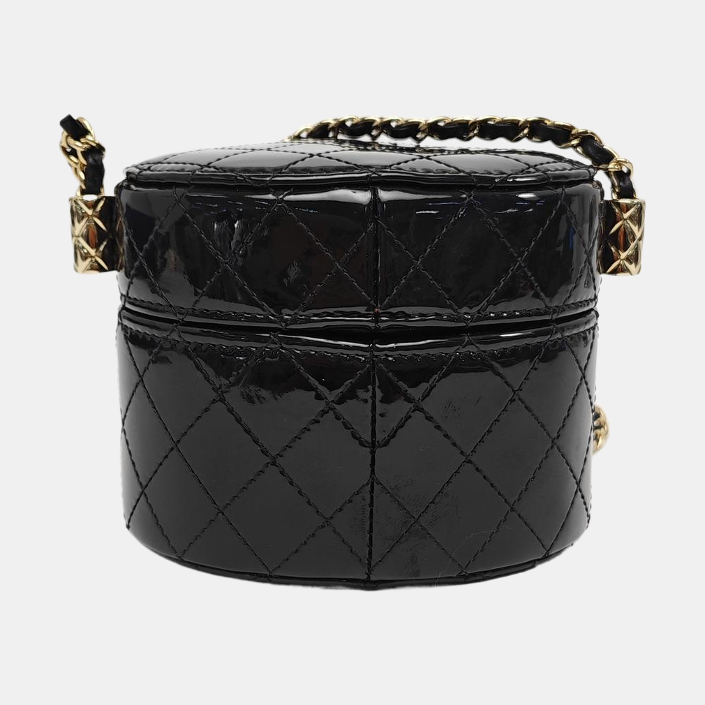 Round Vanity Quilted Patent Leather Black