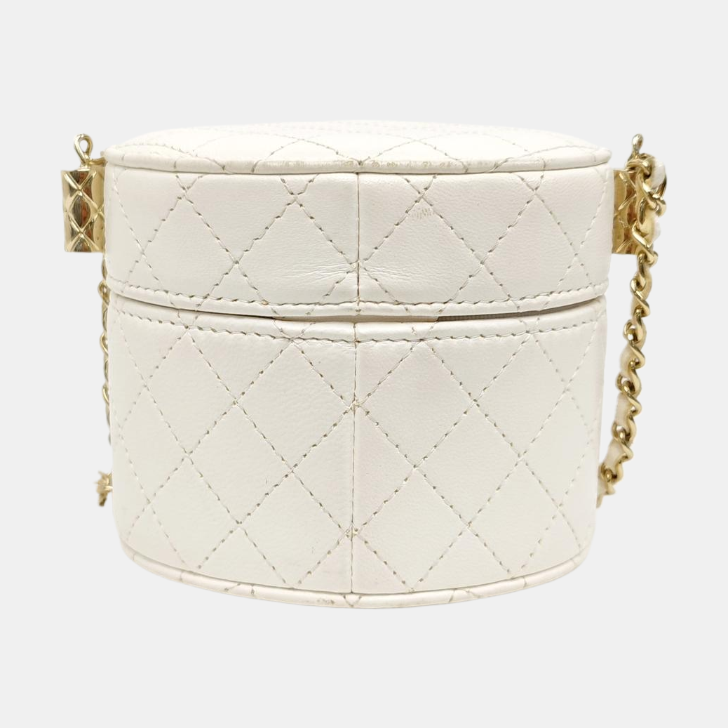 Round Vanity Medium Quilted Lambskin White