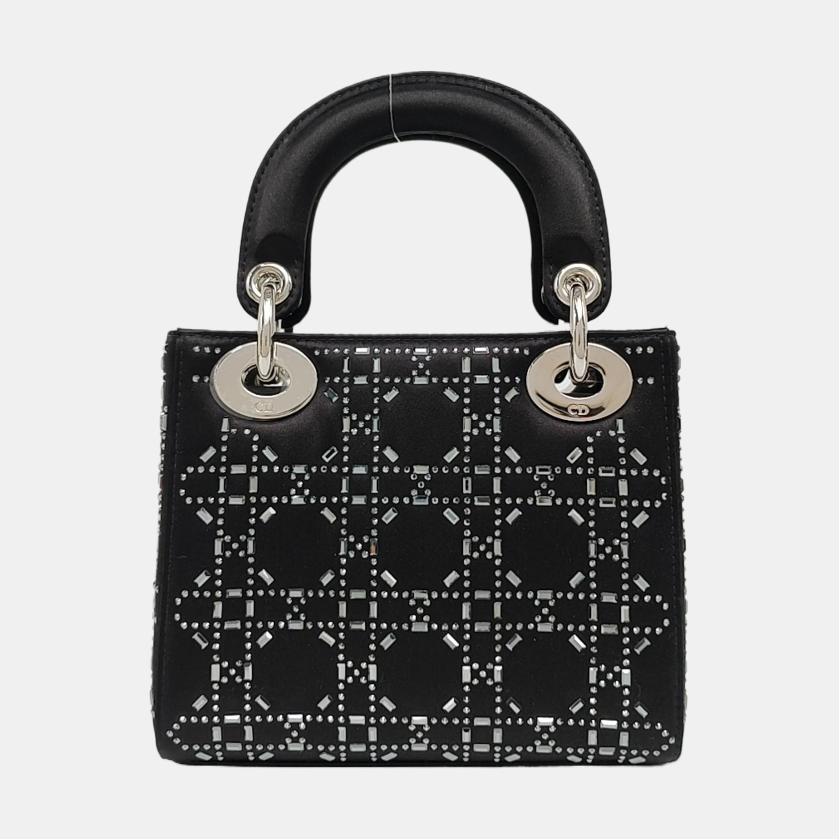 Authenticated pre-owned  Lady Dior Mini Cannage Silk Satin Black - Tote Bag at Looply