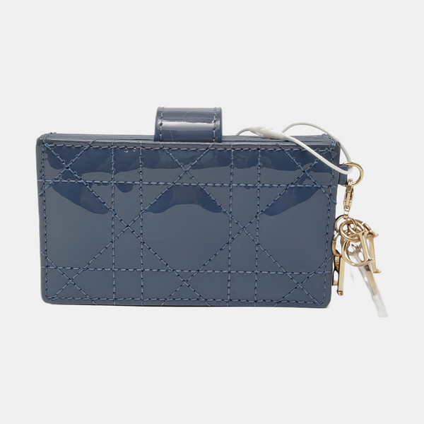 Lady Dior Super Mini Cannage Patent Leather Blue Card Holder