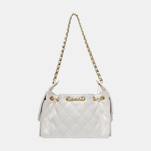 CHANEL 25 Mini Quilted Grained Calfskin White
