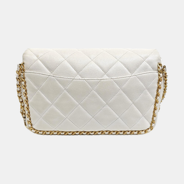 Quilted Grained Calfskin Shoulder Bag Large White