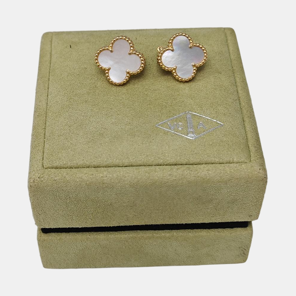 Vintage Alhambra 18k Gold White Stud Earrings