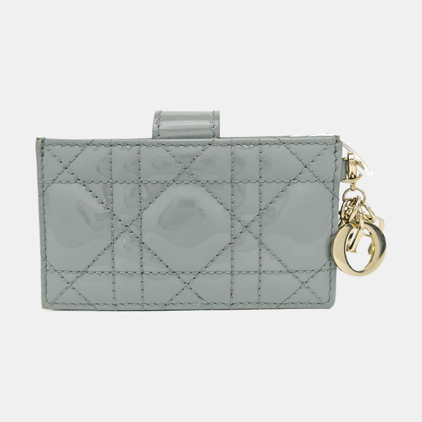 Lady Dior Super Mini Cannage Patent Leather Gray Card Holder