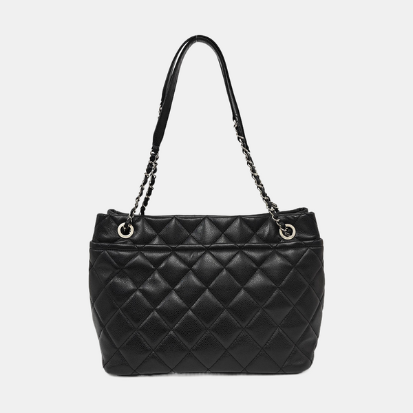 Quilted Grained Calfskin Tote Bag Black