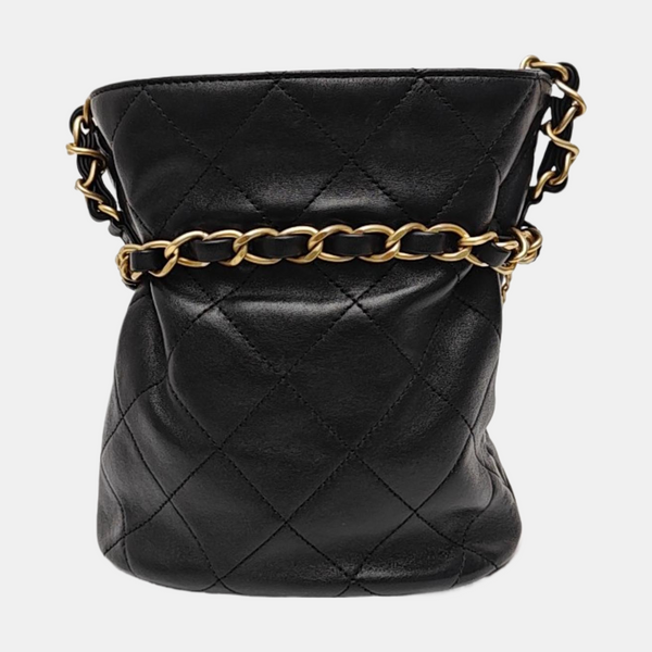 Quilted Lambskin Bucket Bag Small Black