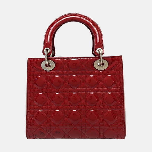 Authenticated pre-owned  Lady Dior Medium Quilted Patent Leather Red - Tote Bag at Looply