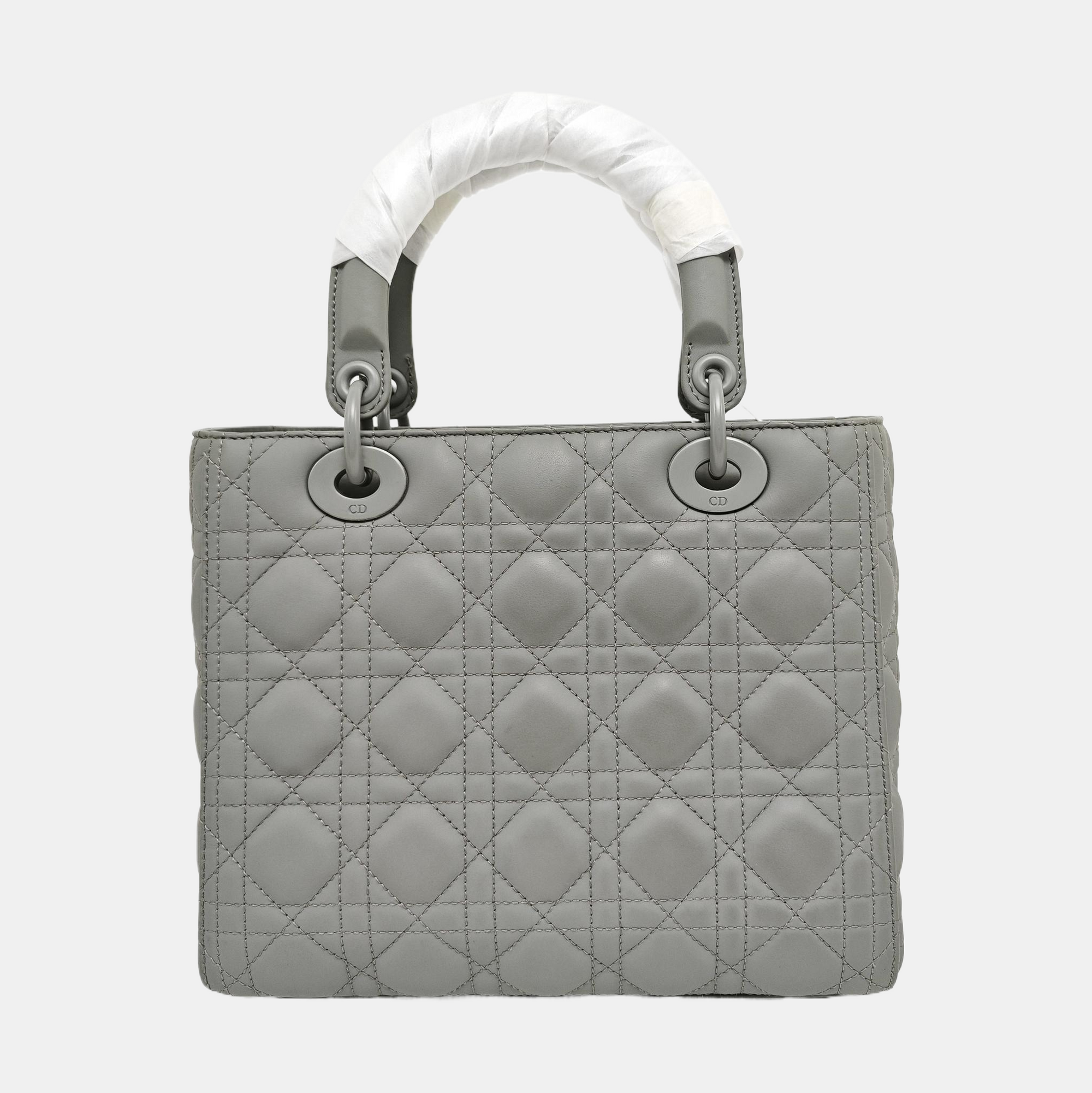 Authenticated pre-owned  Lady Dior Medium Quilted Calfskin Grey - Tote Bag at Looply