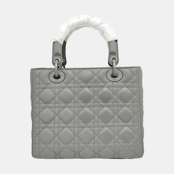 Authenticated pre-owned  Lady Dior Medium Quilted Calfskin Grey - Tote Bag at Looply