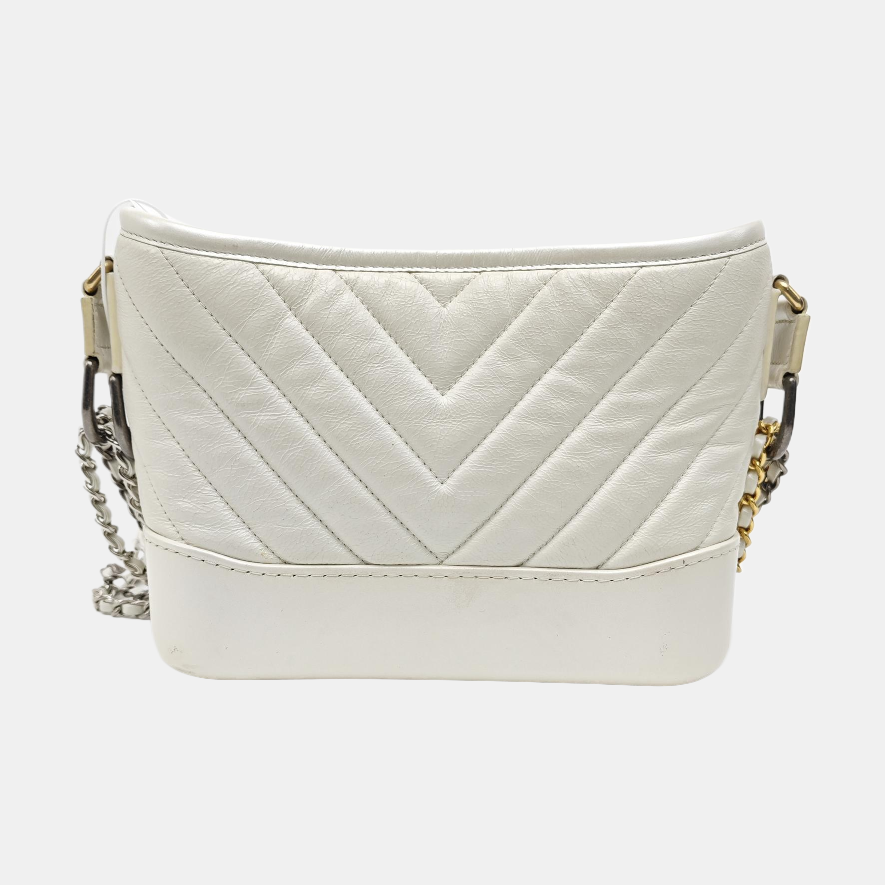 GABRIELLE Small Chevron Calfskin White