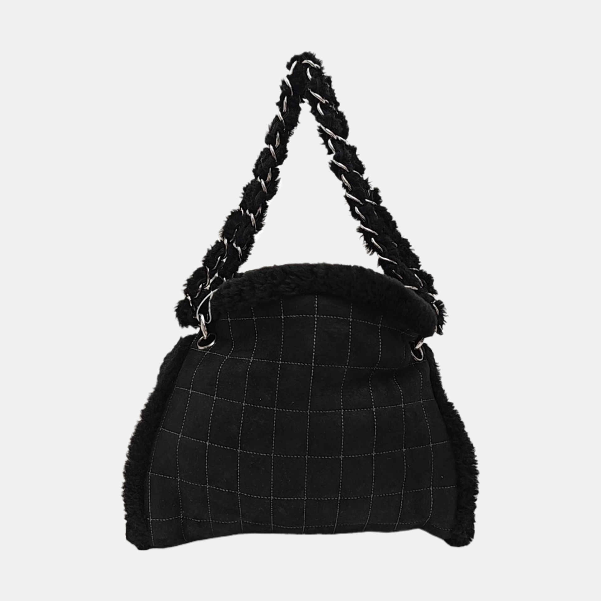 Quilted Fabric Top Handle Bag Black