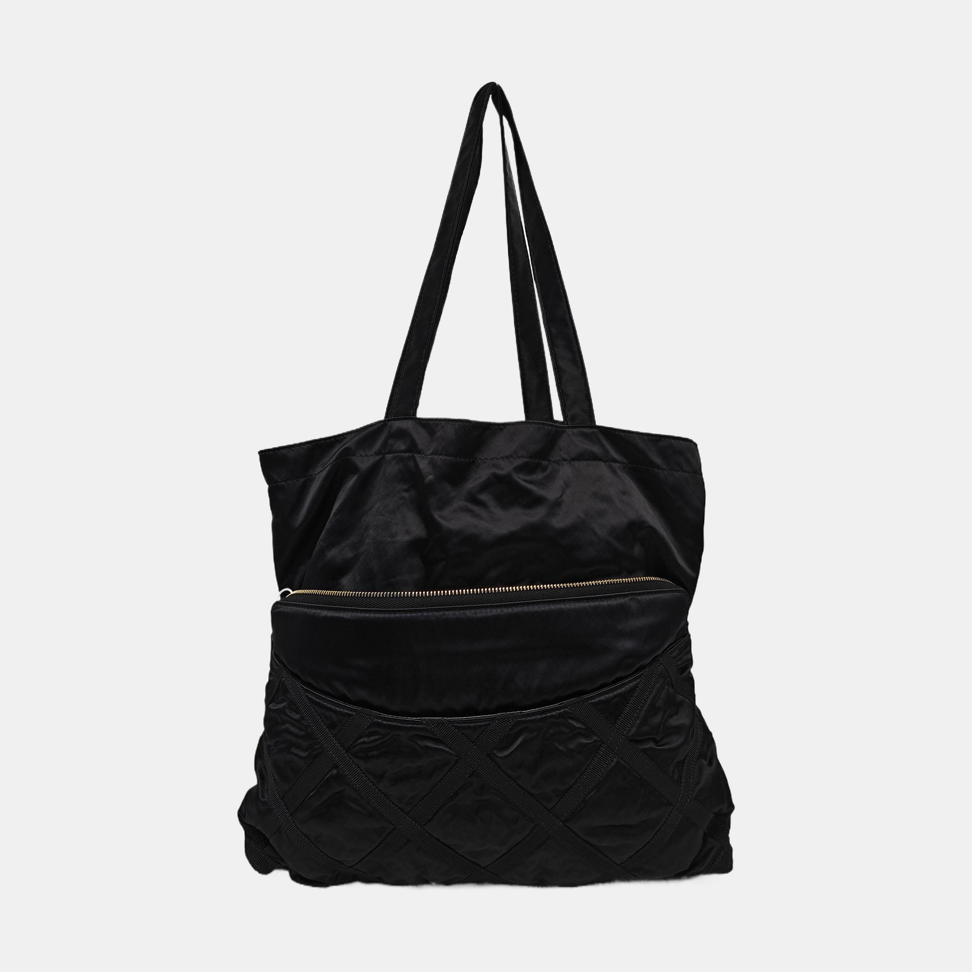 Quilted Fabric Top Handle Bag Black