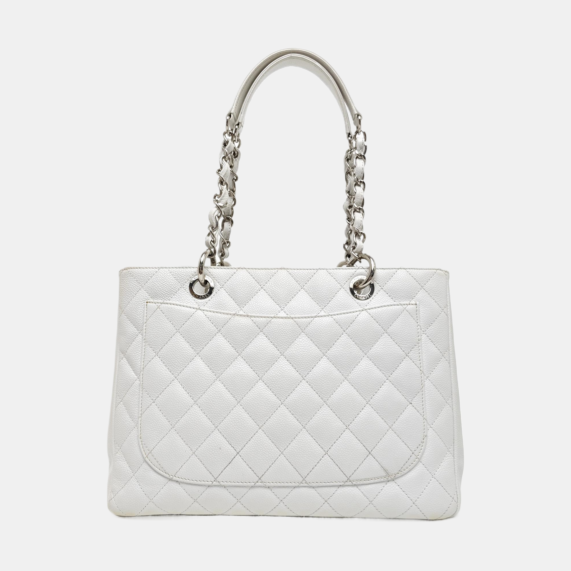 CHANEL GST Large Quilted Grained Calfskin White