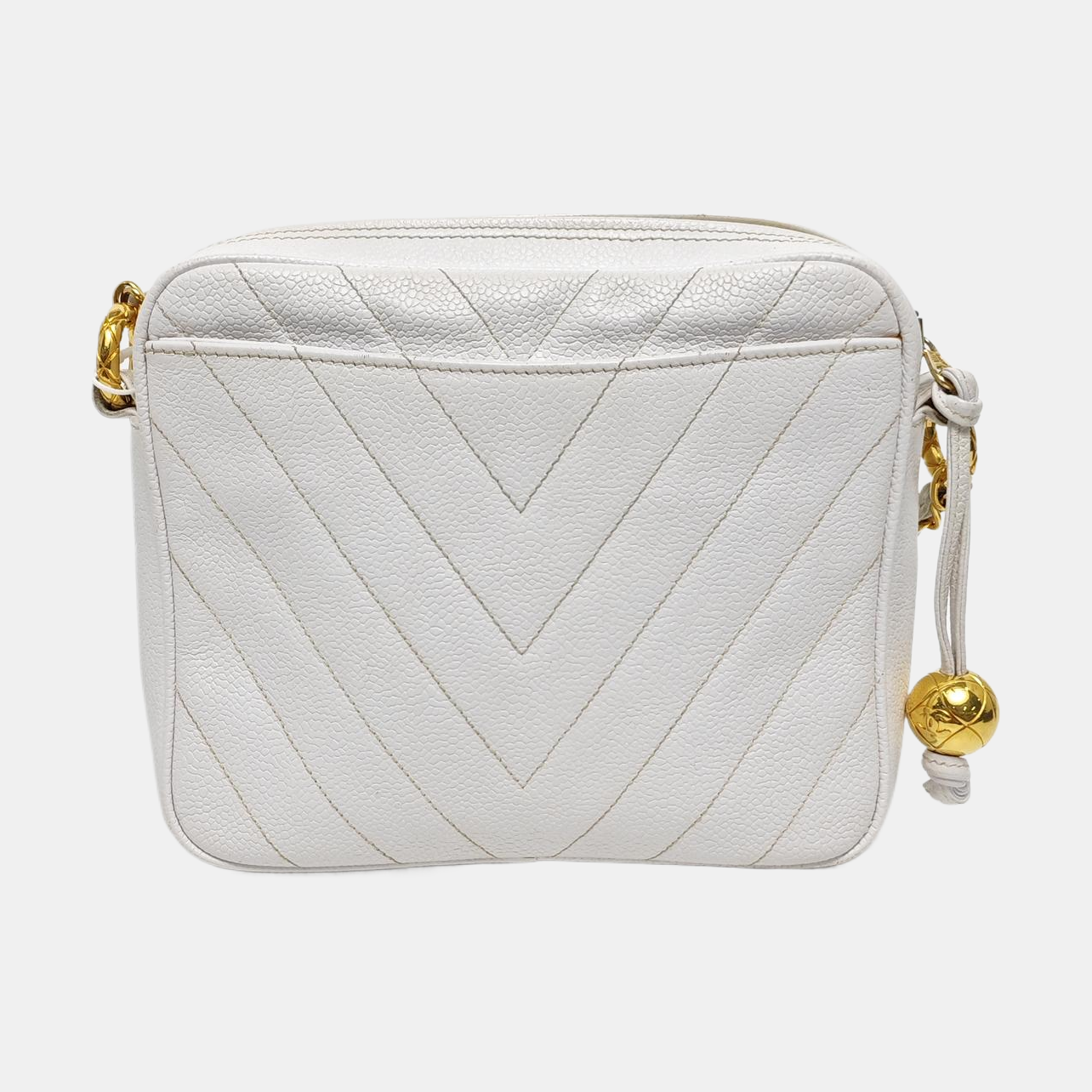 Chevron Grained Calfskin Crossbody Bag White