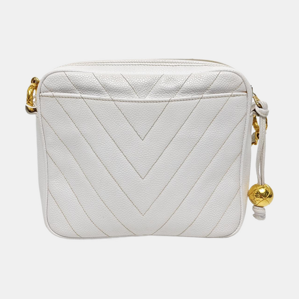 Chevron Grained Calfskin Crossbody Bag White