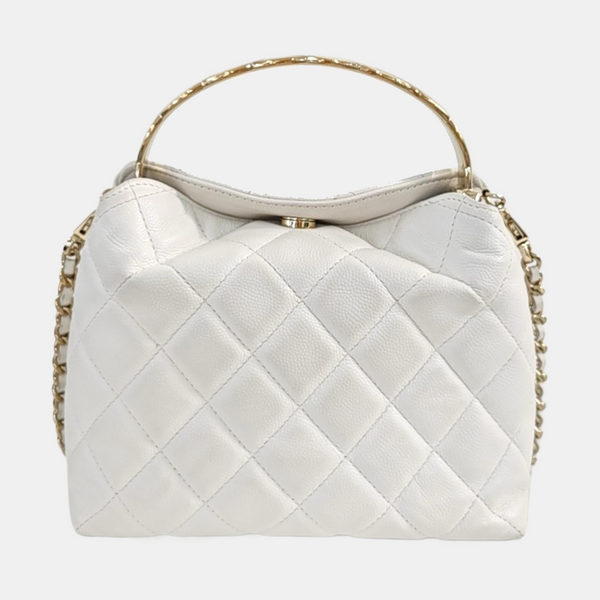 Quilted Grained Calfskin Shoulder Bag White