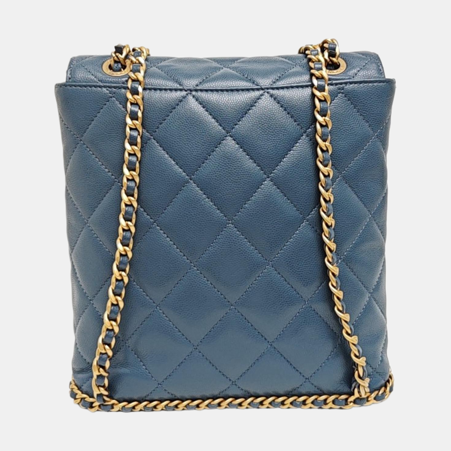 Quilted Grained Calfskin Backpack Blue