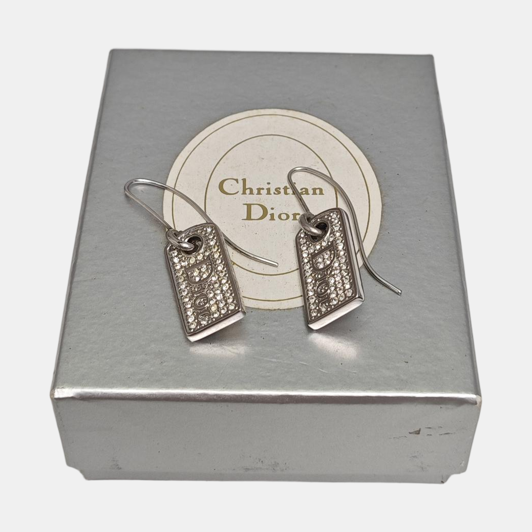 Authenticated pre-owned  Dog Tag Silver Tone Metal Synthetic Crystal Silver Earring - Earrings at Looply