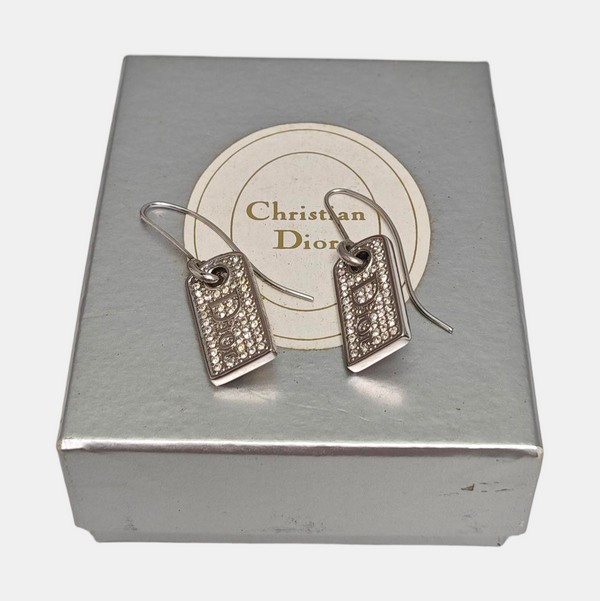 Authenticated pre-owned  Dog Tag Silver Tone Metal Synthetic Crystal Silver Earring - Earrings at Looply