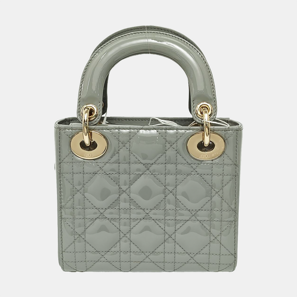 Authenticated pre-owned  Lady Dior Mini Quilted Patent Leather Grey - Tote Bag at Looply