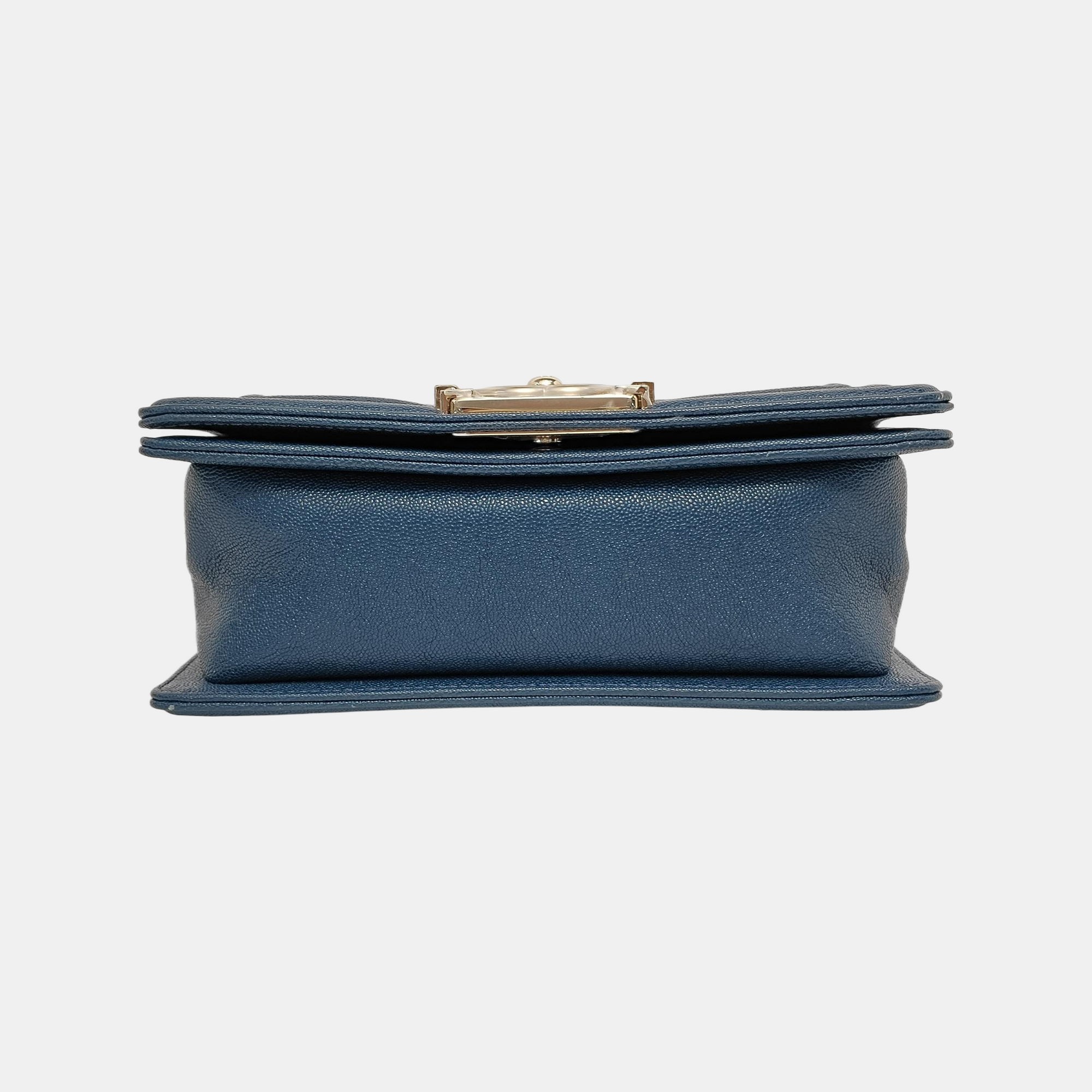 BOY CHANEL Small Chevron, Quilted Grained Calfskin Blue