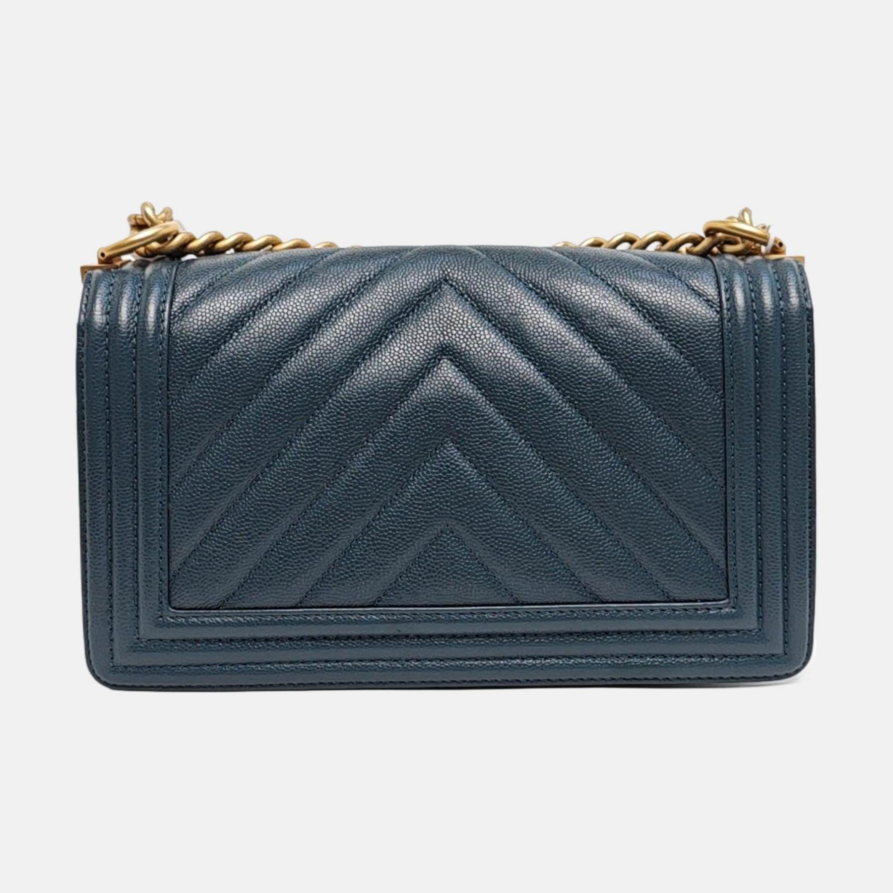 Authenticated pre-owned  BOY CHANEL Medium Chevron, Quilted Grained Calfskin Blue - Shoulder Bag at Looply
