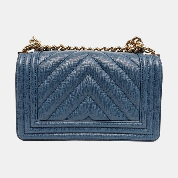BOY CHANEL Small Chevron, Quilted Grained Calfskin Blue
