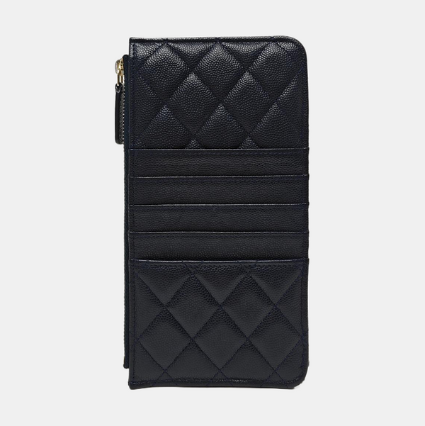Quilted Grained Calfskin Card Holder Blue