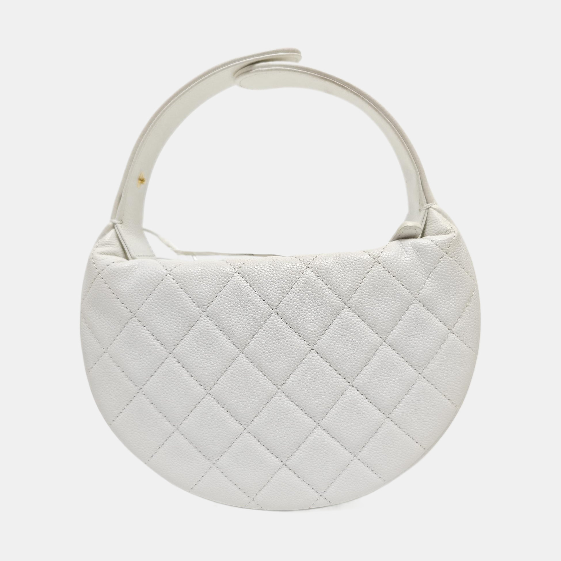 Quilted Grained Calfskin Top Handle Bag White