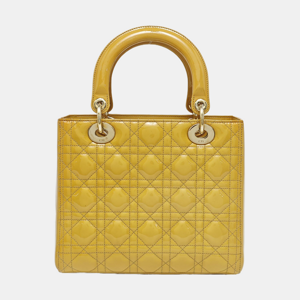 Authenticated pre-owned  Lady Dior Quilted Patent Leather Yellow - Tote Bag at Looply