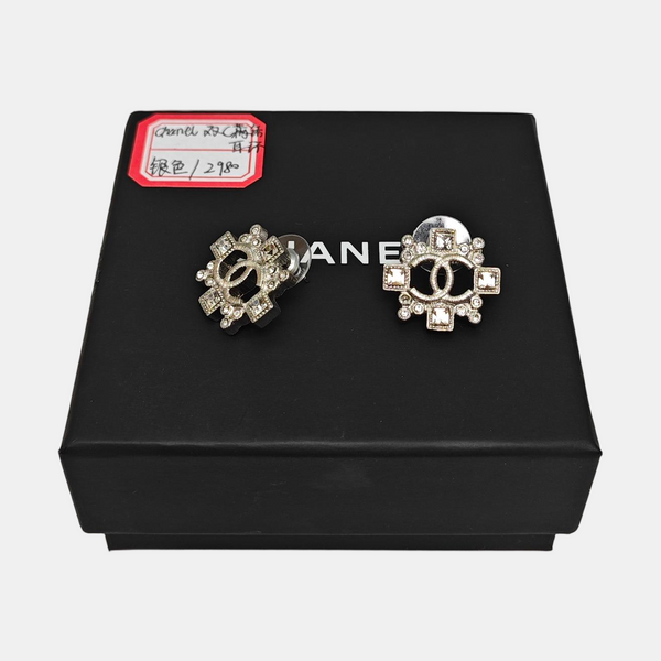 CC Logo Metal Silver Stud Earrings