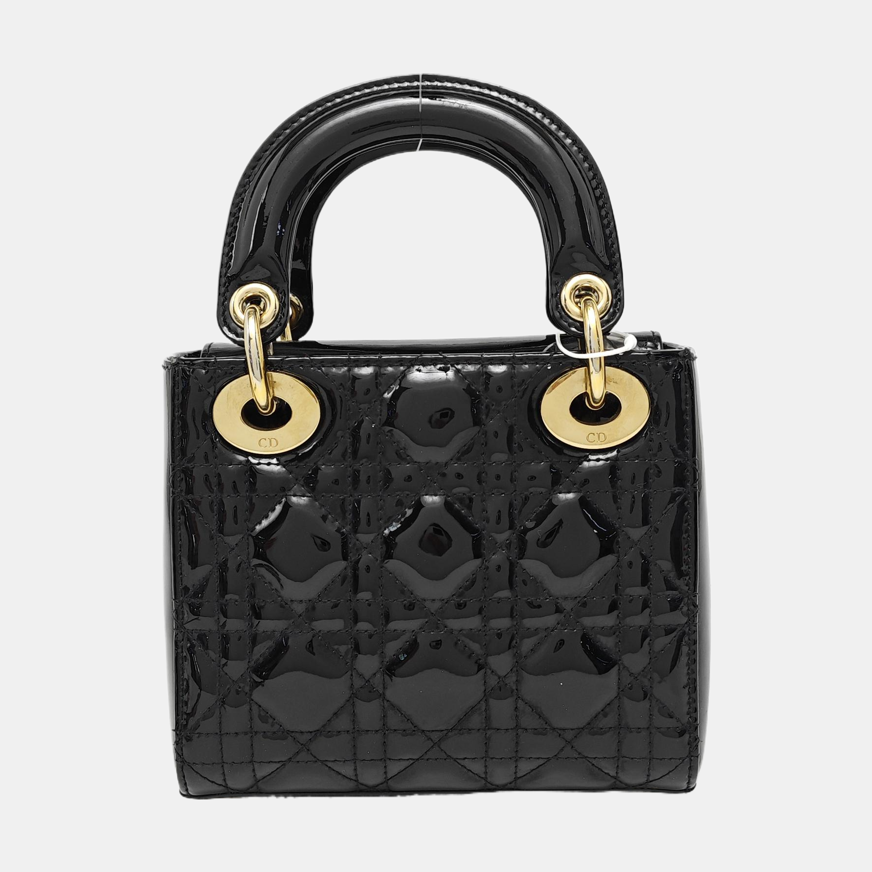 Lady Dior Mini Cannage Patent Leather Black
