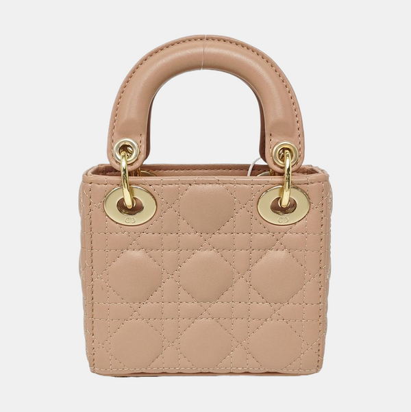 Authenticated pre-owned  Lady Dior Super Mini Quilted Lambskin Beige - Tote Bag at Looply