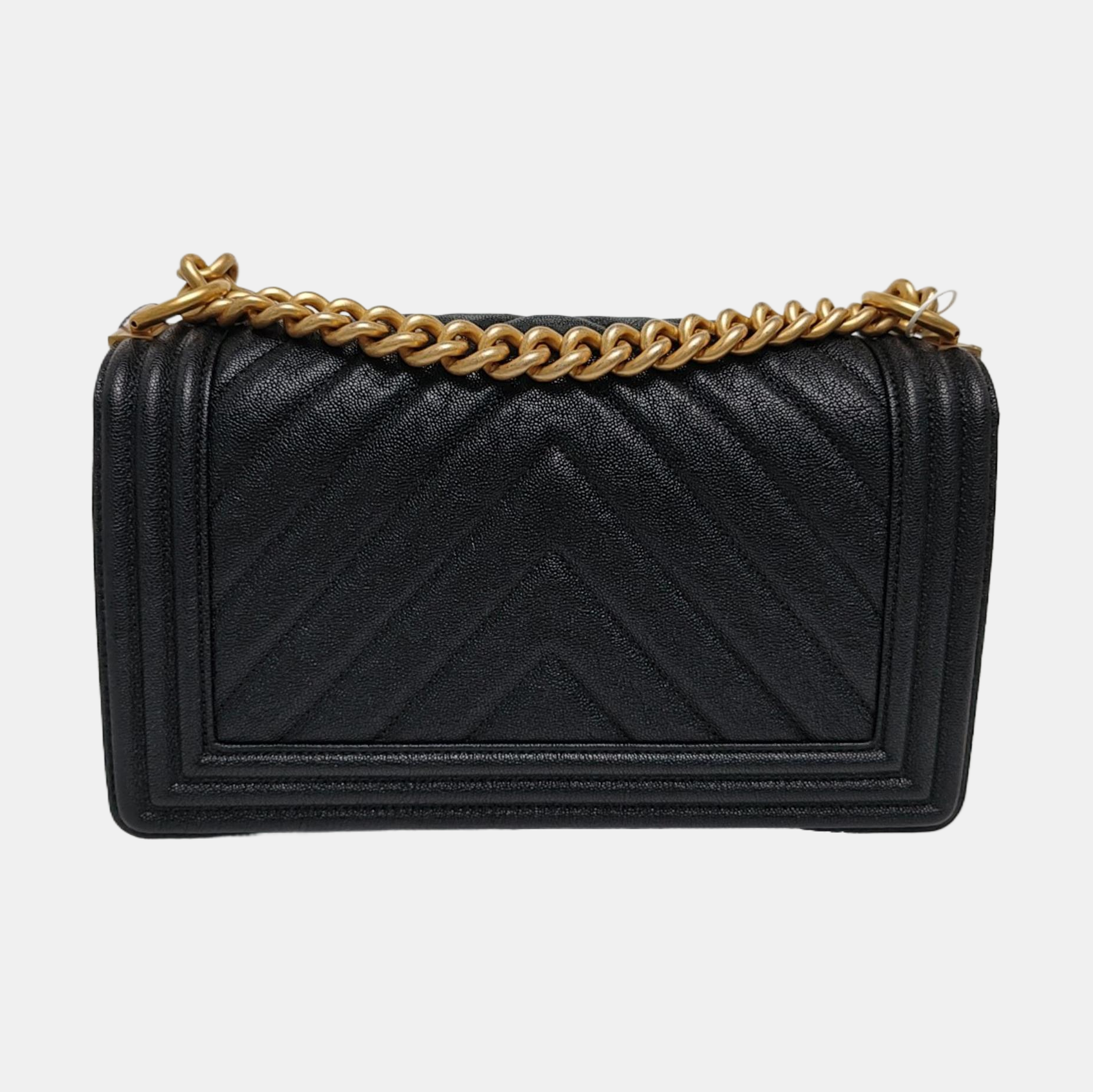 Authenticated pre-owned  BOY CHANEL Medium Chevron, Quilted Grained Calfskin Black - Shoulder Bag at Looply