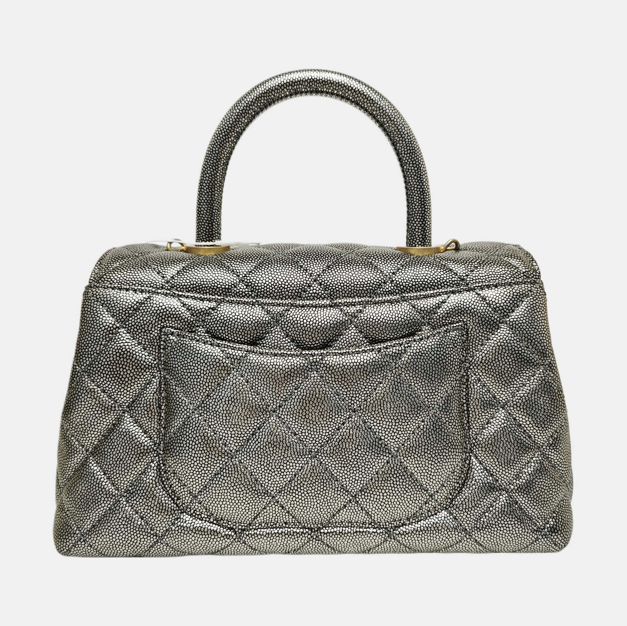 COCO HANDLE Small Quilted Grained Calfskin Silver
