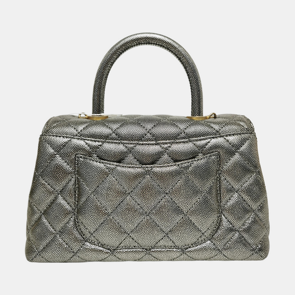 COCO HANDLE Small Quilted Grained Calfskin Silver