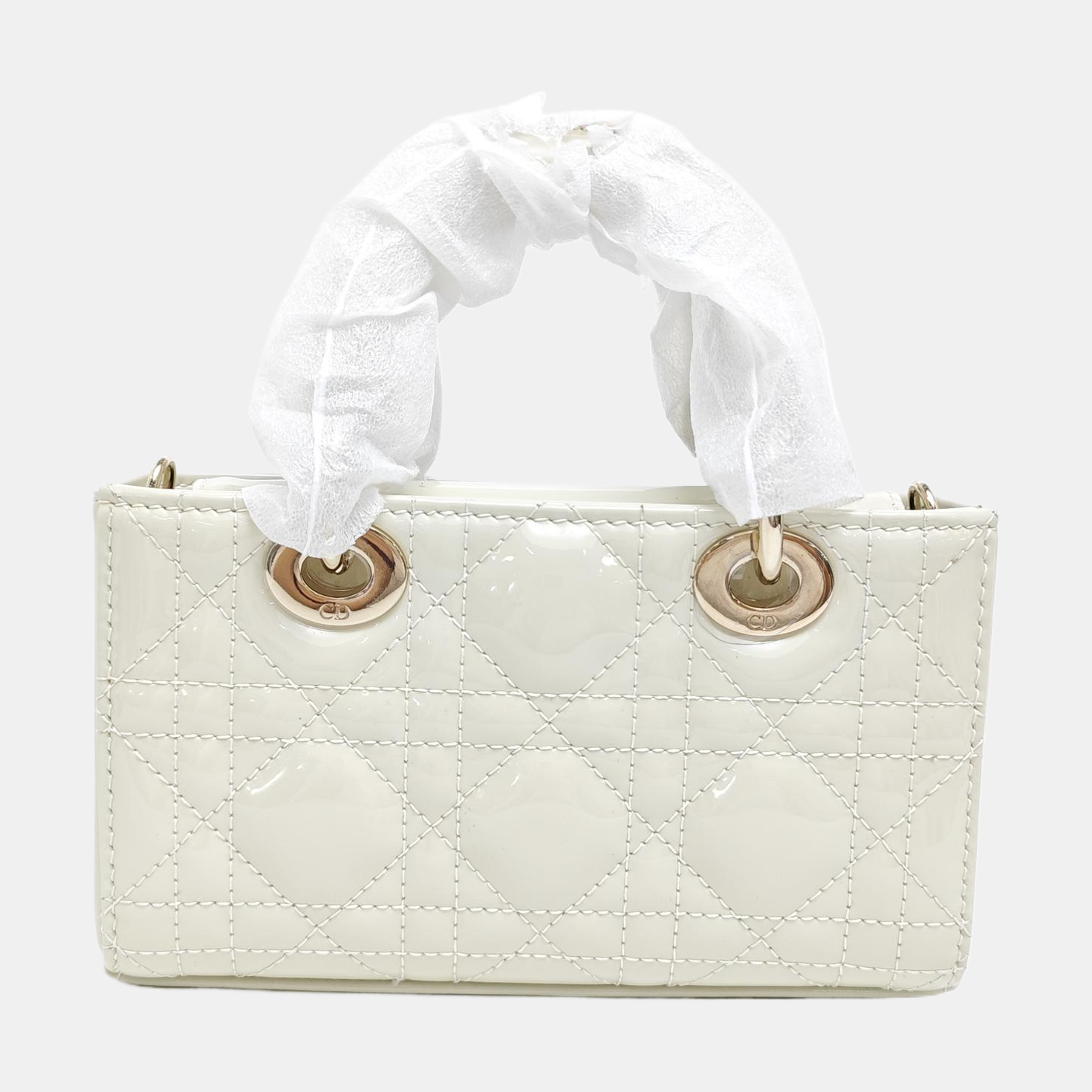 Lady D-Joy Super Mini Cannage Patent Leather White