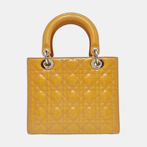 Authenticated pre-owned  Lady Dior Medium Quilted Patent Leather Yellow - Tote Bag at Looply