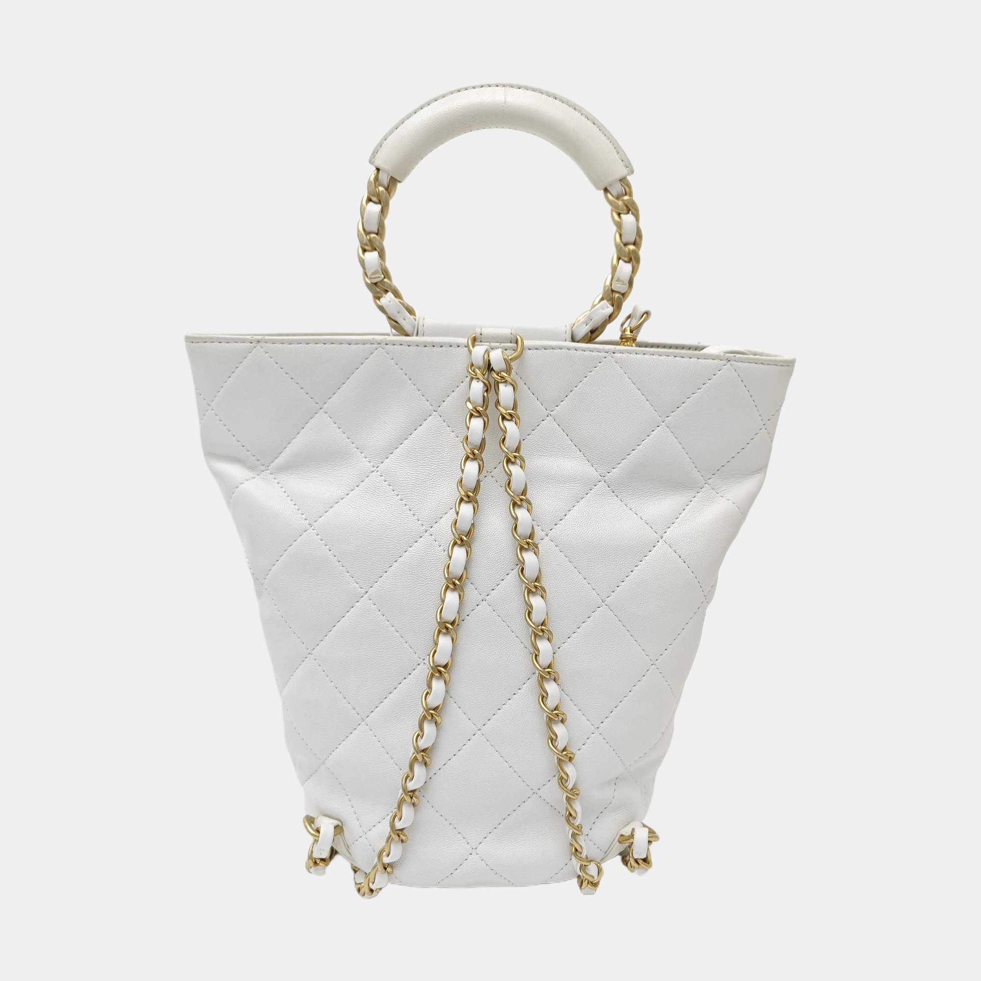 Quilted Lambskin Bucket Bag White