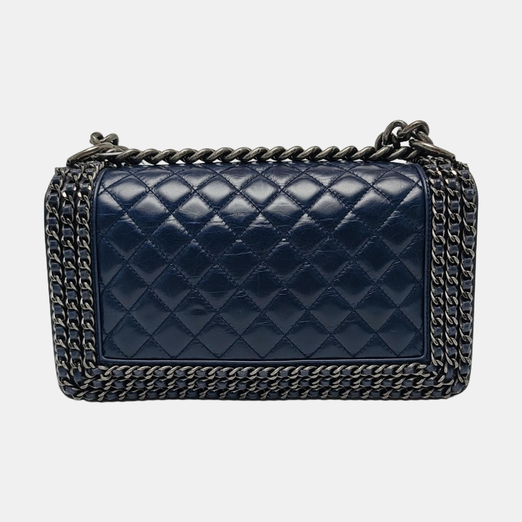 Authenticated pre-owned  BOY CHANEL Medium Quilted Calfskin Blue - Crossbody Bag at Looply