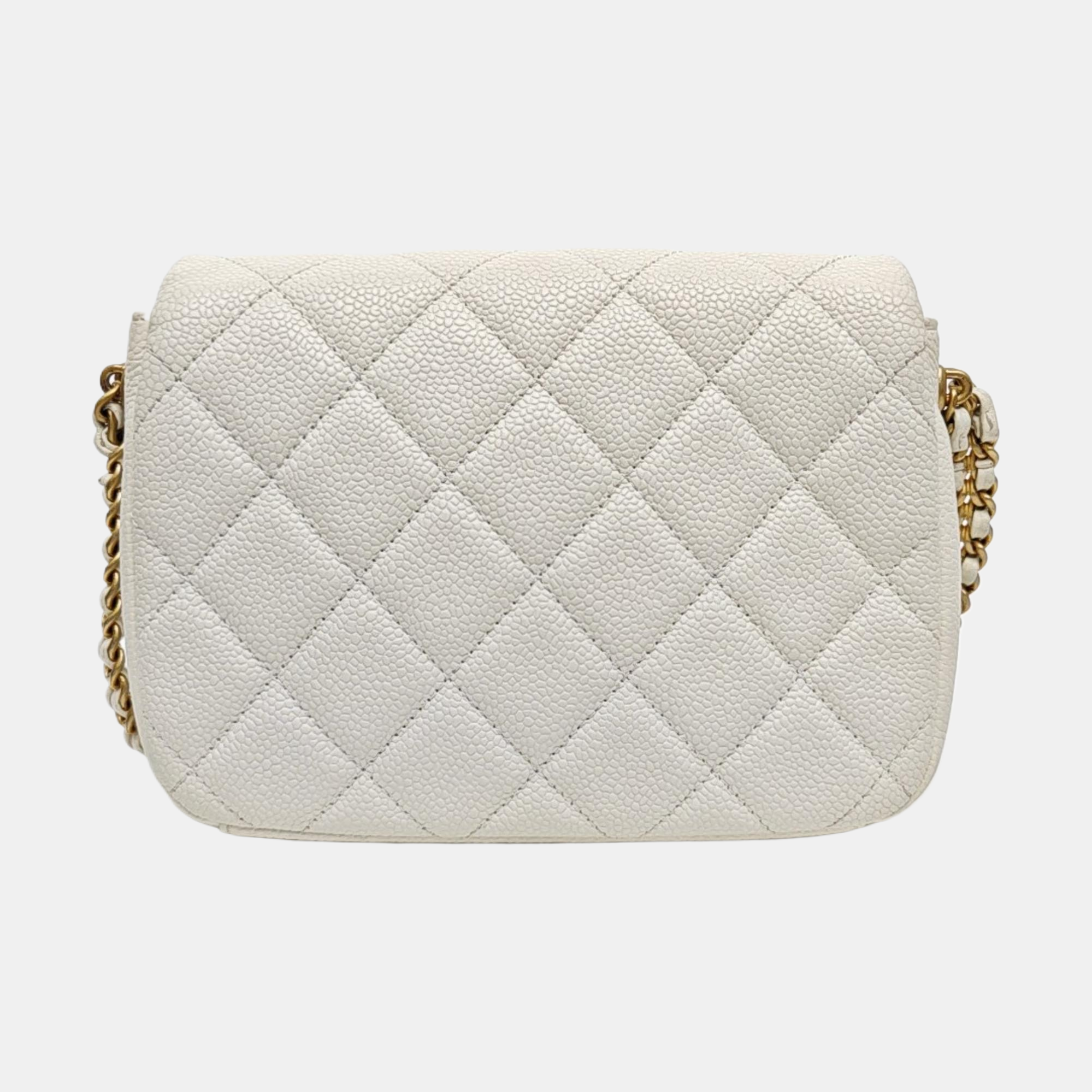 Quilted Grained Calfskin Shoulder Bag Mini White