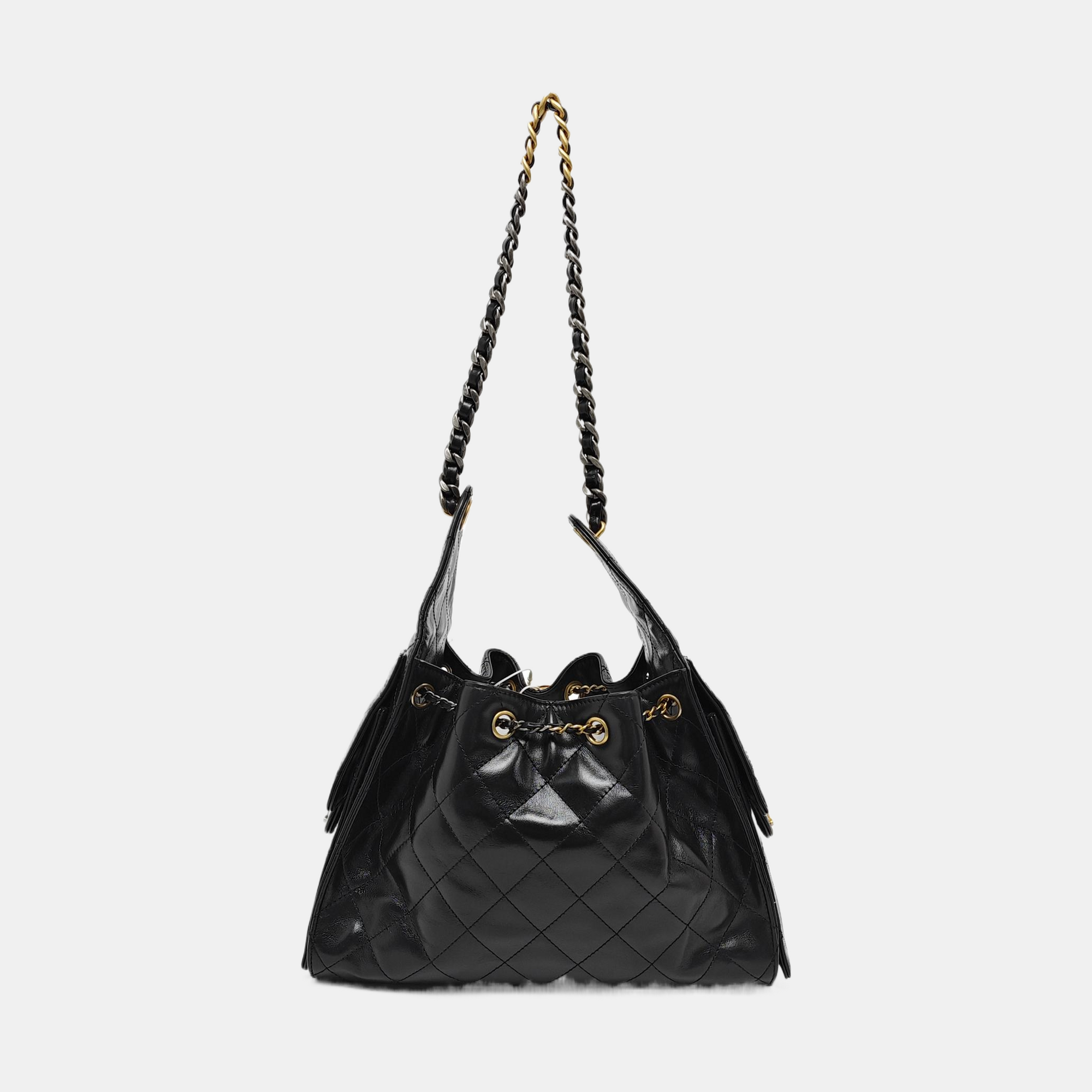 CHANEL 25 Small Quilted Waxed Cafskin Black
